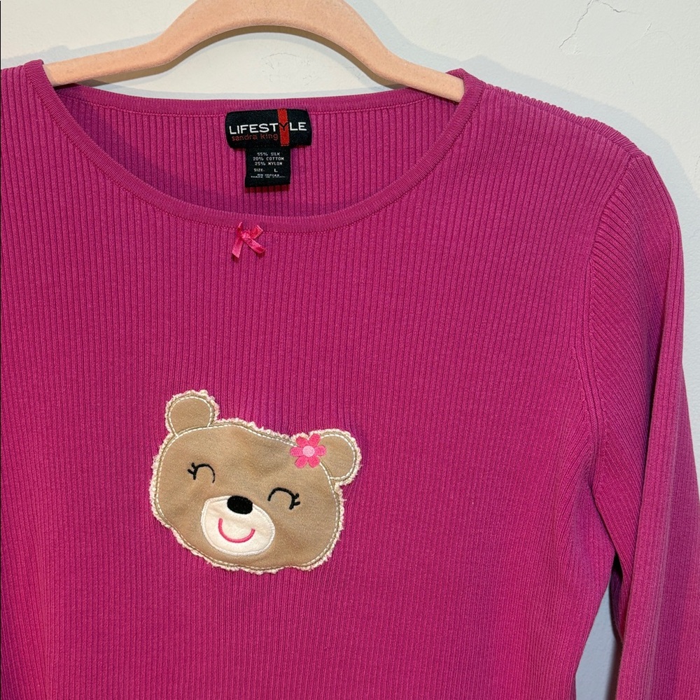 One of a Kind Handmade Custom Upcycled Appliqué Teddy Bear Bow Girly Silk Top